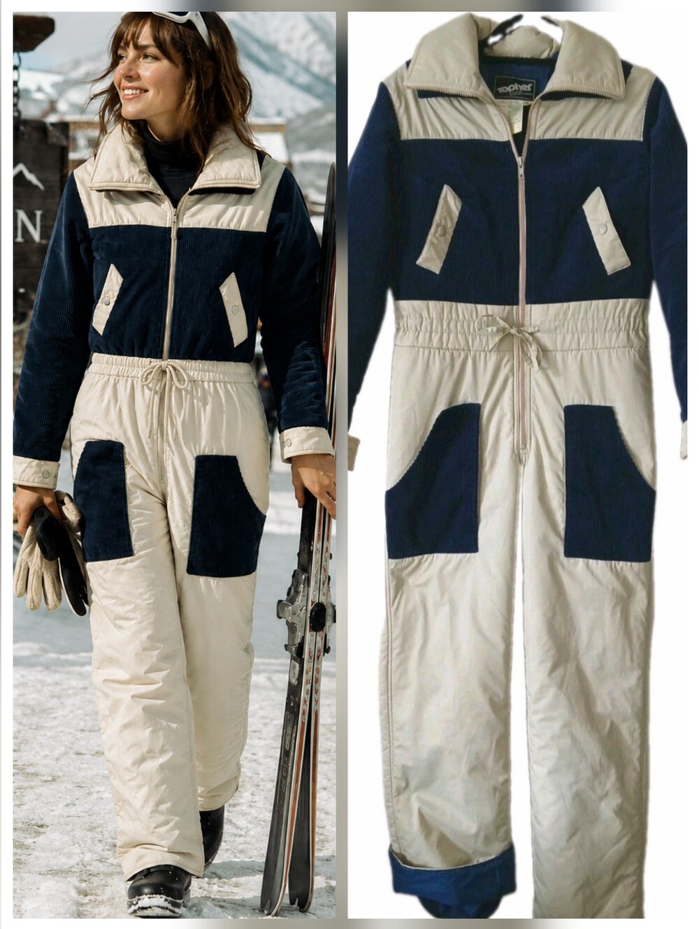 Vintage TOPHER One Piece Ski Snow Suit Navy Corduroy Colorblock Women's Size 12